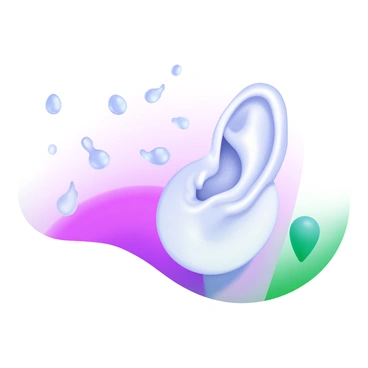 An ear positioned prominently, with several clear, shimmering raindrops gently falling onto its surface. Each raindrop appears to create small ripples as they make contact, emphasizing the delicate interaction. The background is soft and muted, enhancing the focus on the ear and the falling raindrops. The overall scene conveys a calm ambiance, highlighting the tranquil effect of the rain.