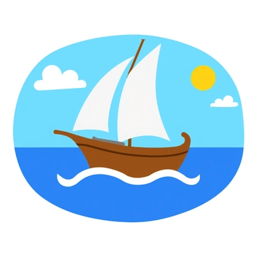 A small wooden boat with a white sail is sailing gracefully towards a distant horizon. The sea is calm, with gentle waves lapping against the sides of the boat. The sky above is a bright blue, dotted with a few fluffy white clouds. The sun is positioned low in the sky, casting warm light across the water, creating shimmering reflections. In the background, the horizon stretches out, blending the sea and sky into a seamless expanse.