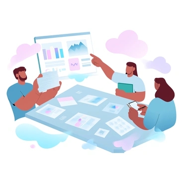 A group of three people is gathered around a large table covered with various event photos and charts. One person is pointing at a colorful chart, while another is holding a stack of printed event photos. The third person is making notes on a notepad. The table is organized with several charts displaying different data visualizations, and the photos depict different moments from the event. There is a warm light illuminating the scene, creating a collaborative atmosphere.
