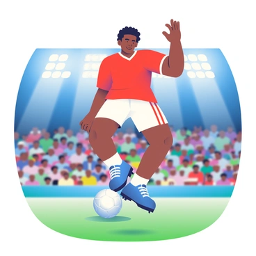 A football player with dark skin and short curly hair is captured mid-air performing an extreme aerial kick. He is wearing a red jersey and white shorts, with vivid blue soccer cleats. The player’s expression is focused and determined, showcasing his athleticism. Behind him, vibrant stadium lights illuminate the scene, casting bright beams across the field and creating a dynamic atmosphere. The crowd in the background is a blur of excitement, with various colors of jerseys representing different teams. The grass of the field is a rich green, and a soccer ball is positioned just below his soaring feet.