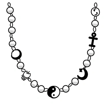 A pearl necklace, featuring round white pearls, with various cultural symbols and artifacts interwoven among the pearls. The necklace includes small charms shaped like traditional motifs, such as a yin-yang symbol, an ankh, and a crescent moon. Each charm is delicately crafted and evenly spaced between the pearls. The overall design showcases a harmonious blend of the different cultural elements, creating a unique and meaningful accessory.