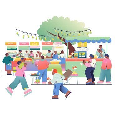 A bustling olive festival scene is filled with colorful stalls displaying various olive products. Each stall has vibrant banners and decorations in shades of green and gold. People of diverse backgrounds are gathered around, some sampling olives and olive oils, while others engage in conversations. A group of children is happily chasing each other near a stall decorated with strings of lights. In the background, a large olive tree is adorned with hanging ornaments, and a musician plays a lively tune, adding to the festive atmosphere. Tables with baskets of fresh olives and bowls of tapenade are also visible, inviting guests to partake in the celebration.