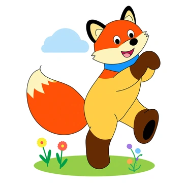 A whimsical animal character resembling a friendly fox with a bushy tail. The fox has large, expressive eyes and a wide, cheerful smile. Its fur is a blend of vibrant oranges, yellows, and reds, created from a variety of colored pencils. The character is wearing a small blue scarf around its neck and is standing on its hind legs. Its front paws are playfully raised in the air, as if inviting someone to join in a fun adventure. The background features a simple, colorful meadow with a few flowers and a bright blue sky.