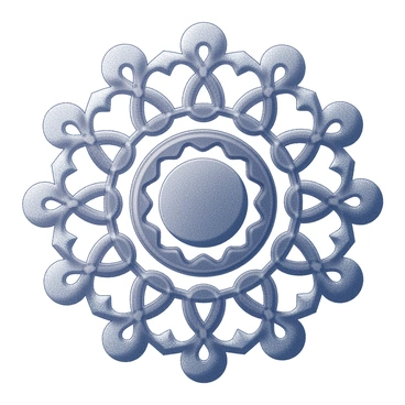 A mandala composed of intricate, symmetrical shapes arranged in a circular pattern. The design includes an array of repeating geometric forms, such as circles, triangles, and squares, radiating outward from a central point. Each section is meticulously detailed, with lines and curves that create a visually captivating texture. The overall appearance is harmonious and balanced, emphasizing the symmetrical nature of the mandala.