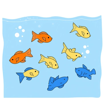 A group of colorful guppies swimming in clear blue water, their fins fluttering as if they are dancing. The guppies showcase a variety of bright colors, including orange, blue, and yellow. They are arranged in a dynamic formation, some swimming close to the surface while others gracefully glide deeper. Small bubbles rise around them, and the light reflects off the water, creating shimmering patterns. The scene captures the lively and playful movement of the guppies as they seem to perform a synchronized dance.