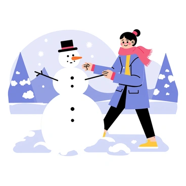 Nico Robin wearing a warm red scarf and a blue winter coat is building a snowman in a winter wonderland. The snowman has a carrot nose and is adorned with a black top hat and a red scarf. Snowflakes are gently falling from the sky, creating a soft blanket of white on the ground. In the background, there are snow-covered trees and distant mountains, enhancing the winter scene. Nico Robin is smiling as she adds a twig for the snowman's arm, surrounded by piles of fresh snow.