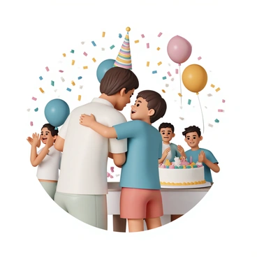 A young child, wearing a blue t-shirt and red shorts, is hugging a parent who is dressed in a colorful party hat and a casual white shirt. The child has short brown hair and a joyful expression on their face. Around them, there are vibrant balloons in different colors floating in the air. A large cake with colorful frosting is placed on a table nearby, surrounded by confetti and party decorations. The atmosphere captures the excitement of a surprise birthday celebration, with other guests in the background smiling and clapping.