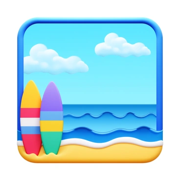 A laid-back frame featuring "waves" gently rolling onto "sand" at a sunny beach. In the foreground, there are two colorful "surfboards" propped up against each other. The background shows a clear blue sky with a few fluffy white clouds. The scene is serene, capturing the essence of a relaxing day by the sea.