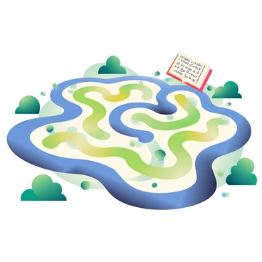 A large maze is depicted in the center, with intricate paths shaped like parabolas. The paths are clearly defined, showcasing smooth curves that guide the viewer's eye through the maze. Each parabolic path is colored in different shades, with vibrant blues, greens, and yellows, creating a dynamic contrast against the background. The maze is surrounded by lush greenery, with trees dotting the periphery. 

At the end of one of the parabolic paths, a large, glowing book symbolizes the "solution of an equation," with equations visible on its pages. The book is illuminated, casting a soft light that contrasts with the surrounding foliage. The overall atmosphere is inviting, encouraging exploration and curiosity about the paths leading to the solution.