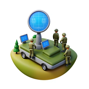 A mobile radar station positioned on a hilltop with soldiers wearing tactical uniforms. The radar equipment prominently displays a large circular screen, showing various data and signals. Several soldiers are engaged, intently monitoring the screens, with some using headsets. The landscape features a panoramic view of the terrain below, with trees and a distant horizon. The sky is clear, enhancing visibility around the station.