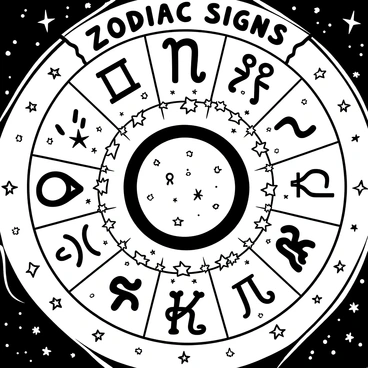 A celestial map featuring the twelve zodiac signs arranged around a circular design. Each zodiac symbol is intricately drawn, with detailed lines representing constellations connecting the symbols. Stars are scattered throughout the map, each star represented by small dots of varying sizes. The background is filled with swirling patterns suggestive of the night sky, enhancing the sense of depth and vastness. The words "Zodiac Signs" are prominently displayed at the top of the map.
