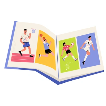 A dynamic sports photo album open to a page showing a series of action shots. The first image captures a runner sprinting on a track, muscles tensed and focused. The second image shows a basketball player leaping to dunk a ball into the hoop, with an intense expression on their face. The third image features a swimmer diving into a pool, water splashing dramatically around them. The fourth image portrays a soccer player kicking a ball during a match, with other players in motion around them. Each image is framed with a colorful border to highlight the excitement of the competitive events.