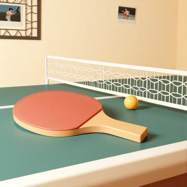 A vintage wooden table tennis paddle with a red rubber surface, resting on an old-fashioned table with a green felt top. Next to the paddle, there is a yellow table tennis ball, slightly scuffed to show signs of use. In the background, there is an old metal net assembly, featuring an intricate design typical of the 1960s. The scene also includes a few faded action photos of players engaged in table tennis matches, displayed in a rustic frame on the wall. The overall lighting is warm, creating a nostalgic atmosphere reminiscent of a classic game room from that era.
