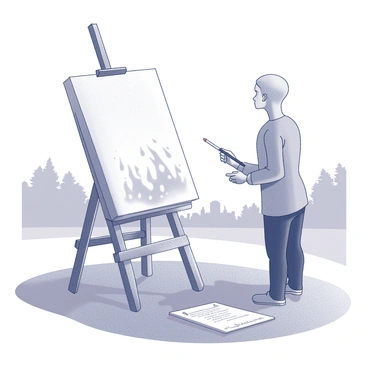 A canvas positioned on an easel outdoors, with a gentle rain falling onto its surface. Each raindrop creates small splashes, leaving unique patterns and marks on the canvas. The artist stands nearby, holding a brush, observing the interaction of the rain with the artwork. Notes written on a sheet of paper are placed beside the canvas, with the artist occasionally glancing at them for inspiration. The surrounding environment features trees and a distant skyline, creating a tranquil setting for the creative process.