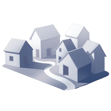 A village shrouded in fog, with several crooked houses featuring uneven roofs and distorted facades. The houses are placed close together, creating a sense of clustered architecture. A narrow, winding path leads through the village, its edges irregular and twisting as it disappears into the thick mist. Shadows are cast across the scene, highlighting the unique shapes of the buildings and the path leading toward an unseen destination.