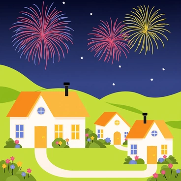 A quaint village scene featuring several small cottages with thatched roofs and warm glowing windows. The cottages are surrounded by lush green gardens filled with colorful flowers. In the sky above, vibrant fireworks burst into a variety of shapes and colors, illuminating the night with bright reds, blues, and golds. The village is nestled in a gentle valley, with soft hills in the background under a starry night sky.