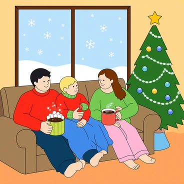 A cozy living room with a large window showcasing gently falling snowflakes in a wintery landscape outside. A family of four is gathered together, sitting on a large, comfortable couch. The father has dark hair and wears a red sweater, while the mother has light brown hair and is dressed in a green holiday sweater. Two children, a boy with short blonde hair in blue pajamas and a girl with long brown hair in pink pajamas, are cuddled up with them. Each family member is holding a colorful mug filled with hot cocoa topped with fluffy marshmallows. A festive Christmas tree decorated with twinkling lights and shiny ornaments stands in the corner of the room, casting a warm glow. The family gazes out the window, eagerly waiting for Santa, with expressions of excitement and joy on their faces.