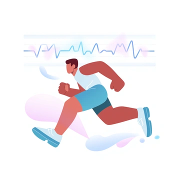 A runner is depicted in motion, captured mid-stride with dynamic movement. The runner is wearing a form-fitting athletic outfit and has a determined posture. Above the runner, a heart rate graph overlays the image, showcasing a series of peaks and valleys in a continuous line. The heart rate graph is stylized to resemble a heartbeat and is colored in gradient pastel shades. The background features soft, blended colors that enhance the overall theme of fitness and health.