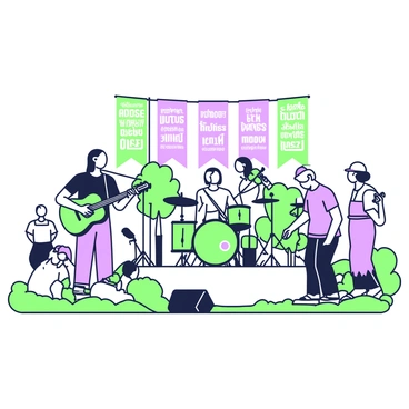 A group of musicians is performing on a small stage set up in a park. The musicians include a guitarist, a violinist, and a drummer, each focused on their instruments. The guitarist is wearing a black t-shirt and has long hair, while the violinist is dressed in a white blouse and has curly hair. The drummer is seated at a drum kit, wearing a baseball cap. In the background, there are several "memorial banners" hanging from trees, each featuring phrases of remembrance. The audience is gathered on the grass, some seated and others standing, enjoying the performance while a few people are taking photos.