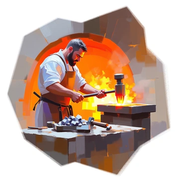 A medieval blacksmith with rugged features and a muscular build stands at his forge, focused intently on his work. He is wearing a leather apron over a simple tunic, with soot smudged on his face, highlighting his dedication to the craft. The forge behind him glows with intense heat, casting a warm light that illuminates the workspace. He is holding a glowing piece of metal in tongs, preparing to shape it on an anvil with a hammer. Various tools, such as hammers, tongs, and quenching buckets, are scattered around the forge, contributing to the busy atmosphere. A pile of raw iron sits nearby, indicating the materials ready for use.