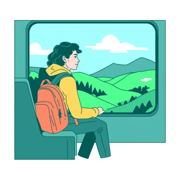 A teal backpacker is sitting by the window of a train, gazing out at the passing landscapes. The backpacker has a bright orange backpack resting on their lap, and they are wearing a comfortable yellow jacket. The train's interior is filled with soft, diffused light, illuminating the backpacker's thoughtful expression. Outside the window, vivid scenes of green hills and distant mountains rush by in a blur, highlighting the adventure of travel. The gentle movement of the train creates a sense of motion, enhancing the feeling of exploration.