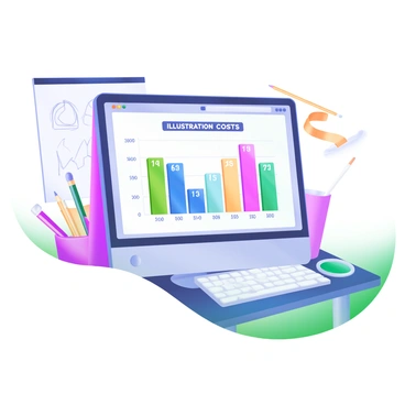 A modern pastel illustration featuring a computer screen displaying a "Bar Chart" with various colorful bars representing different illustration costs. Each bar is a distinct color, such as blue, green, pink, and yellow, and is labeled clearly with numerical values above it. The computer screen is placed on a sleek desk, and there are design tools, like a pencil and a paintbrush, scattered nearby. In the background, a notepad with sketches and a cup filled with colored pencils are visible, adding to the creative workspace atmosphere.