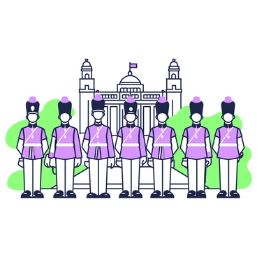A group of royal guards wearing traditional uniforms is standing at attention in front of Bangalore Palace. Each guard is dressed in a ceremonial outfit, complete with a distinctive hat, and polished shoes. They are aligned in a straight line, showcasing a sense of discipline and precision. The palace, with its prominent architecture featuring tall towers and intricate detailing, serves as a grand backdrop. The scene is enhanced by the well-maintained greenery surrounding the palace, framing the guards and the structure. The overall composition emphasizes the proud heritage and ceremonial significance of the royal guards.