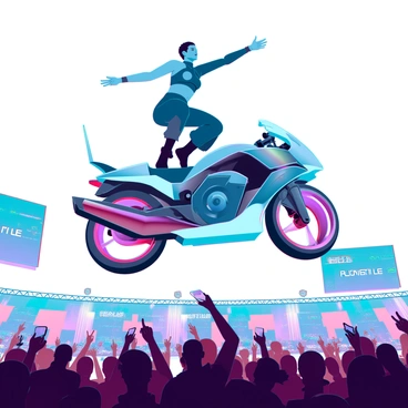 A performer with an athletic build is executing aerial acrobatics on a sleek, futuristic motorcycle. The performer is in mid-air, showcasing a dynamic pose with their legs extended and arms outstretched. They are wearing a fitted, high-tech jumpsuit that glimmers under the bright lights. Below, a large crowd of spectators can be seen, their faces filled with awe and excitement. Some are holding their smartphones up to capture the moment. The environment is filled with colorful banners and high-tech screens displaying live footage of the performance.
