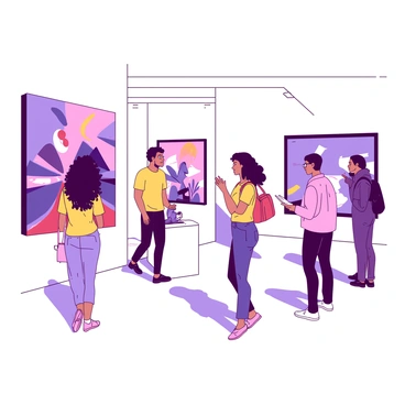A group of diverse visitors is standing in a contemporary art gallery, engaged in admiring various "paintings" and "sculptures" displayed on white walls and pedestals. One visitor, a woman with curly hair, is closely examining a large vibrant "abstract painting" that dominates one wall. Nearby, a couple is discussing a "modern sculpture" made of angular metal shapes, which reflects light in interesting ways. Another visitor, a young man wearing glasses, is taking notes while observing a smaller "mixed media piece" on a low pedestal. The atmosphere is lively and dynamic as people move around, sharing opinions and reactions to the art.