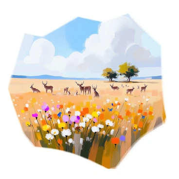 A wide open plain stretches out under a clear blue sky, showcasing a diverse array of plant and animal life. In the foreground, clusters of vibrant wildflowers in shades of yellow, purple, and red dot the landscape, intermixed with tall grasses swaying gently in the breeze. Scattered throughout the plain, a herd of grazing deer can be seen, their coats a mix of browns and whites. A small group of rabbits emerges from a thicket, while colorful butterflies flit between the flowers. In the distance, a few trees provide shade, their green foliage contrasting with the golden expanse of the plain.