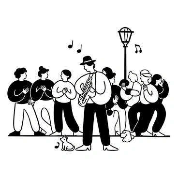 A street musician standing on a sidewalk, playing a saxophone passionately. He is wearing a fedora and a fitted jacket, with the instrument held tightly under his hands. Around him, a diverse crowd of people is gathered, some swaying to the rhythm, while others are clapping their hands. A small dog sits near the musician, listening intently. A few music notes are portrayed in the air, symbolizing the lively sound of jazz filling the street. A street lamp is positioned in the background, casting a warm glow on the scene.