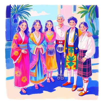 A group of people stands together, each wearing traditional costumes from various cultures. One person is dressed in a bright red kimono adorned with intricate floral patterns, while another wears a blue and gold sari with detailed embroidery. A woman is in a colorful Mexican folkloric dress featuring ruffles and vibrant patterns. Nearby, a man is dressed in a Scottish kilt with a checkered pattern, complemented by a crisp white shirt and a sporran. Another individual wears a traditional African attire with bold geometric designs in yellow, green, and black. They are all smiling and posing together in a sunny outdoor setting, showcasing the beauty of their diverse cultural attire.