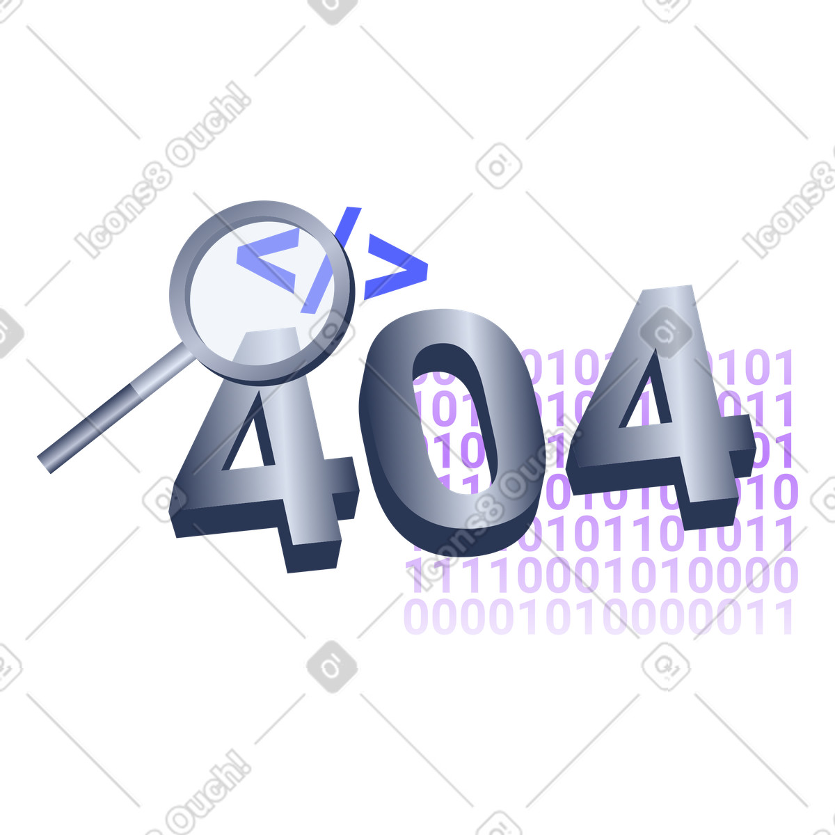Code Debugging for Missing Web Pages, Web Page Not Found, 404 lettering with code bracket and magnifying glass illustration in PNG, SVG