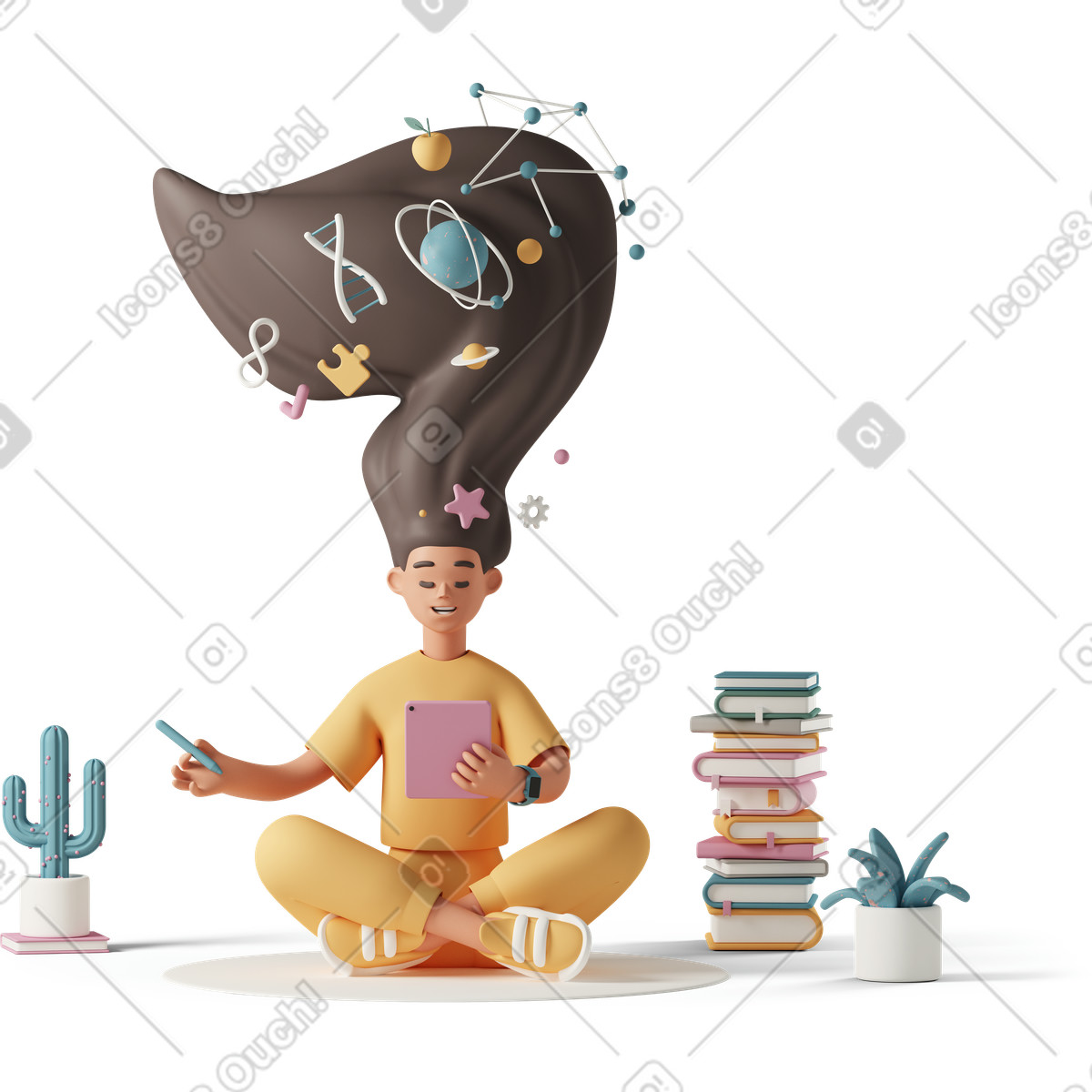 Giovane donna che immagina le cose mentre legge l'e-book illustrazione in stile 3D Casual life scarica in PNG, SVG
