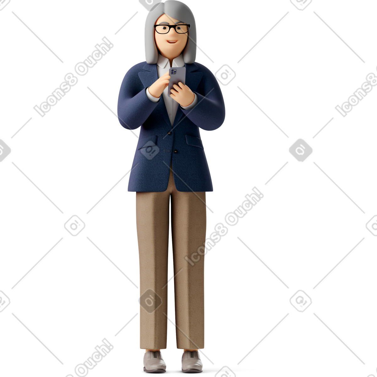 Illustration Vieille femme d'affaires à lunettes et costume avec téléphone regardant droit dans le style 3D Business télécharger aux formats PNG, SVG