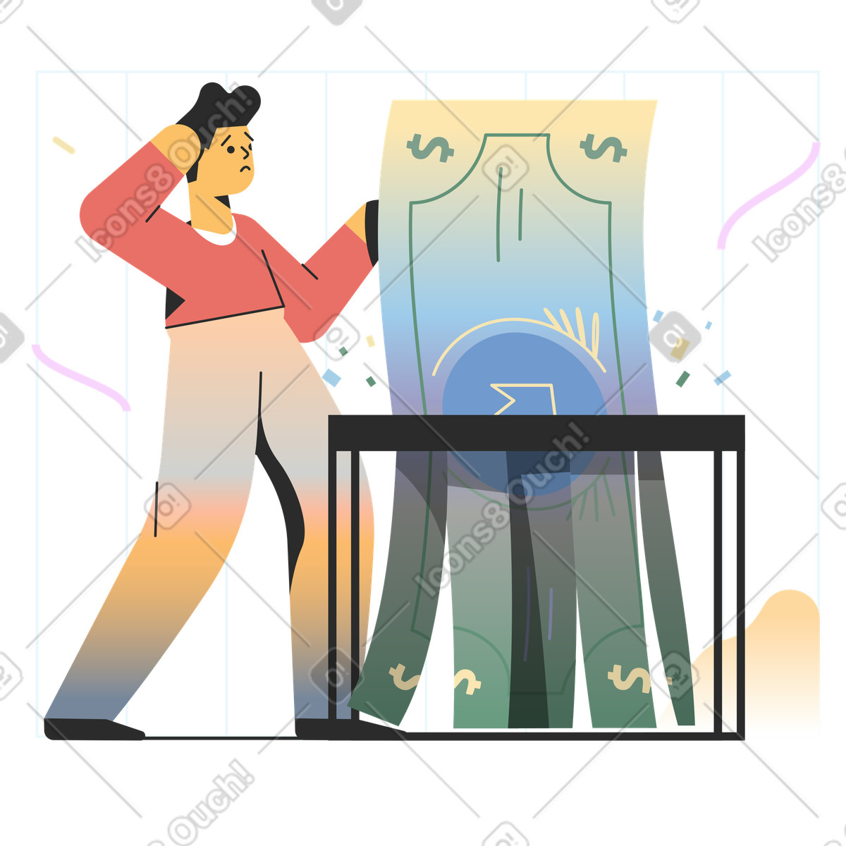 下载 Marginalia 风格的 Dollar bill going through shredder, Payment error or transaction issue 插画，支持 PNG、SVG 格式