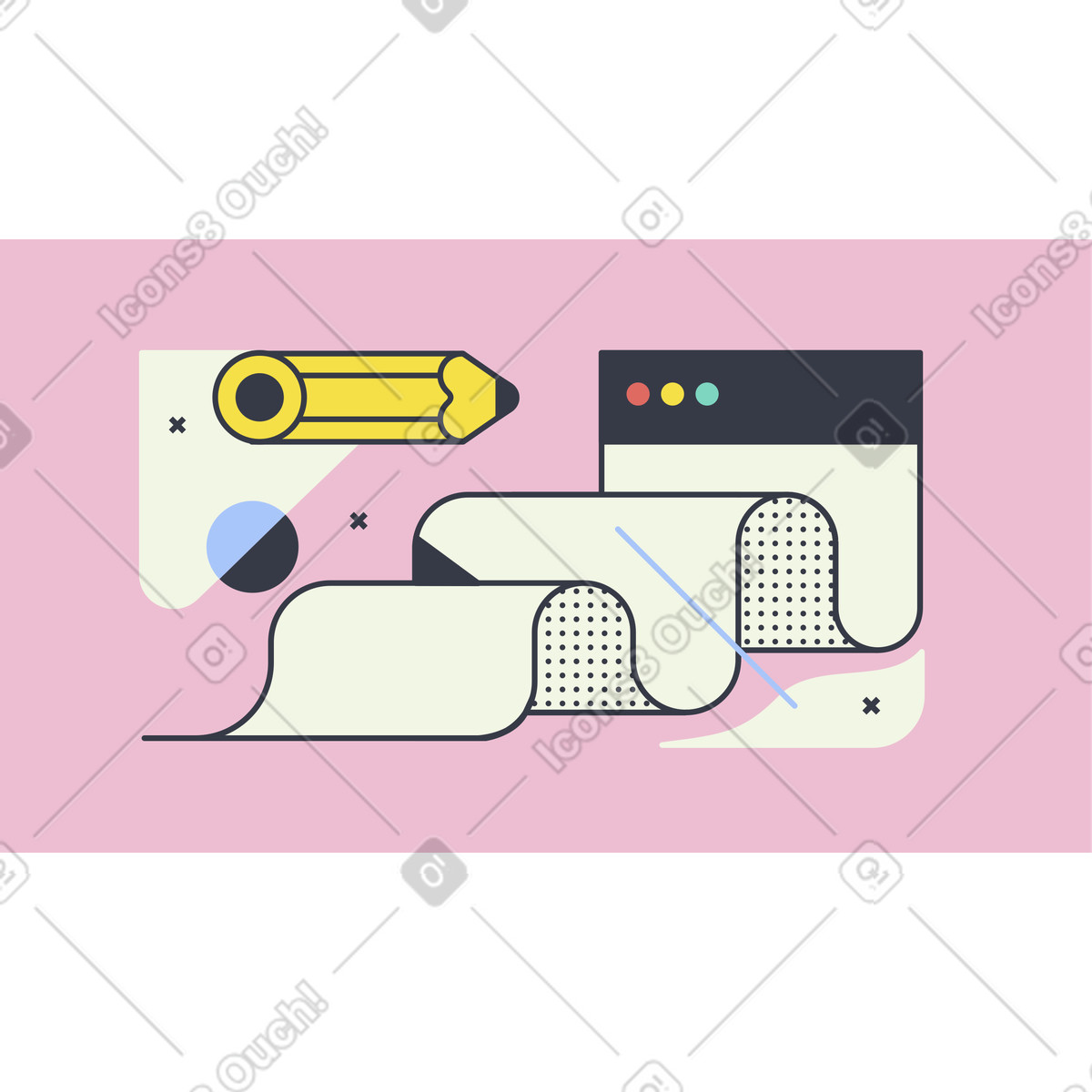 Empty list on website page and pencil animated illustration in GIF, Lottie (JSON), AE