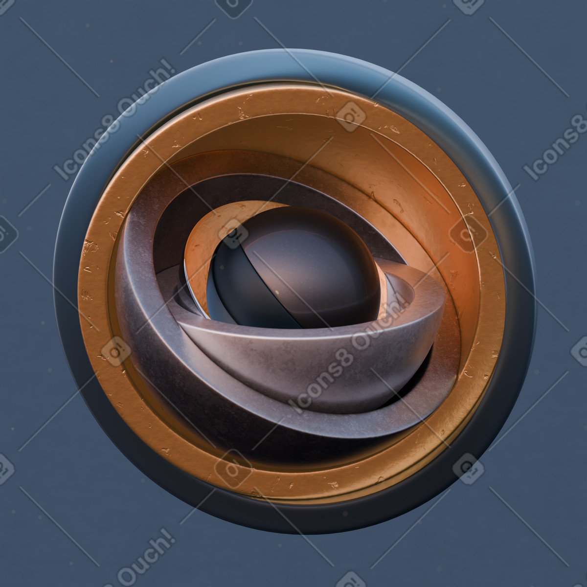 Metallic gyroscope with nested rings, Precision and stability animated illustration in 3D Luxe style download in GIF, Lottie (JSON), AE