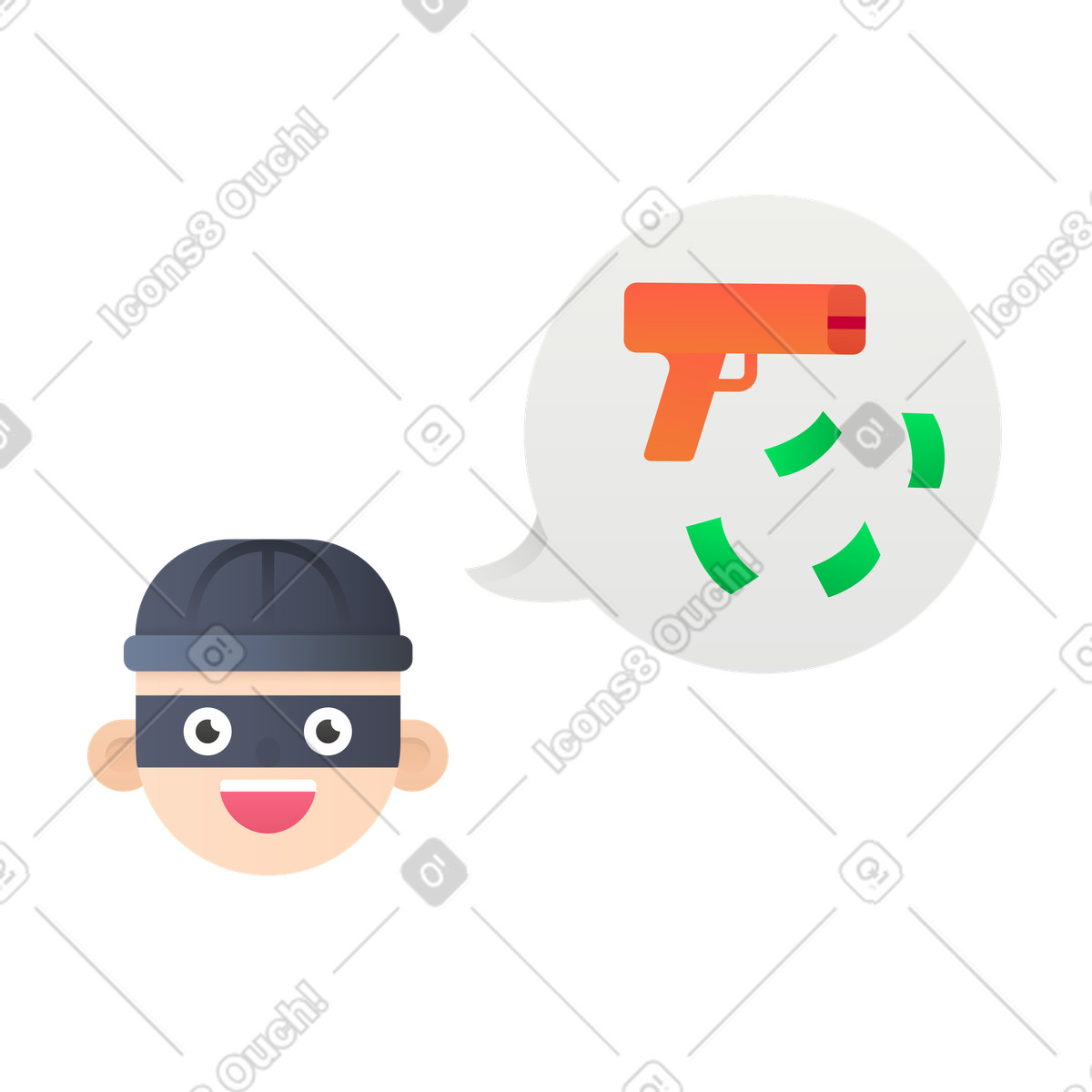 Illustration Un voleur pense à voler de l'argent avec une arme feu dans le style Hugo télécharger aux formats PNG, SVG