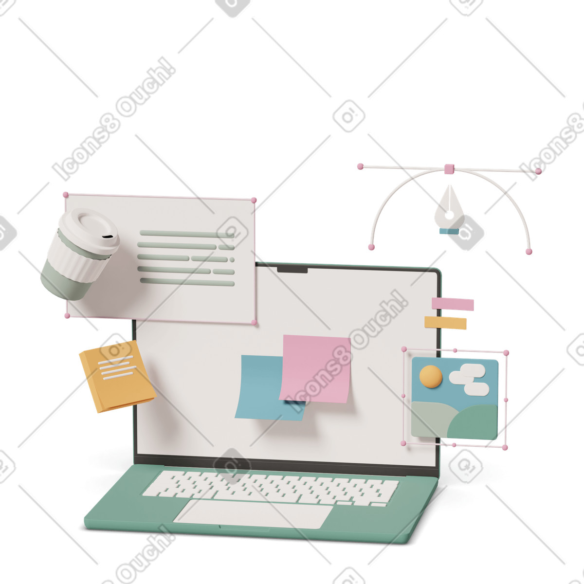 Laptop with open article and notes illustrazione in stile 3D Casual life scarica in PNG, SVG