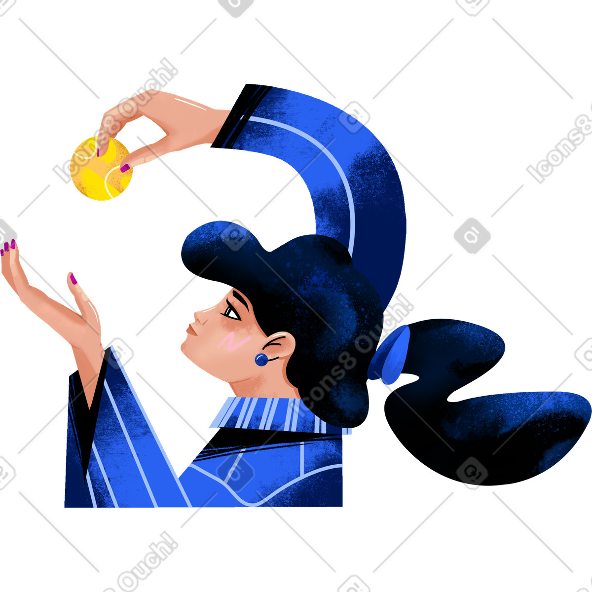 Illustration Woman in a blue shirt holds coin dans le style Flare à télécharger aux formats PNG, SVG