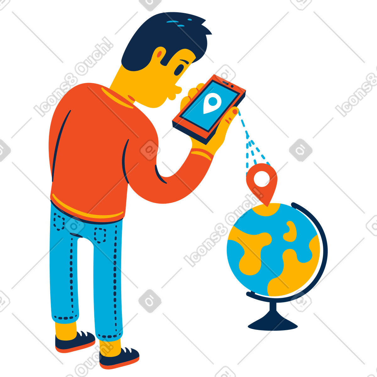 Illustration Un homme vérifie sa position actuelle sur le globe dans style Flame à télécharger aux formats PNG, SVG