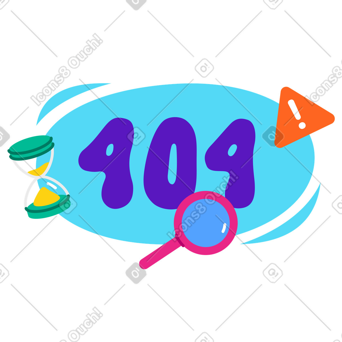 Text 404 with hourglass, exclamation sign, and magnifying glass, Page not found error illustration in Active style download in PNG, SVG