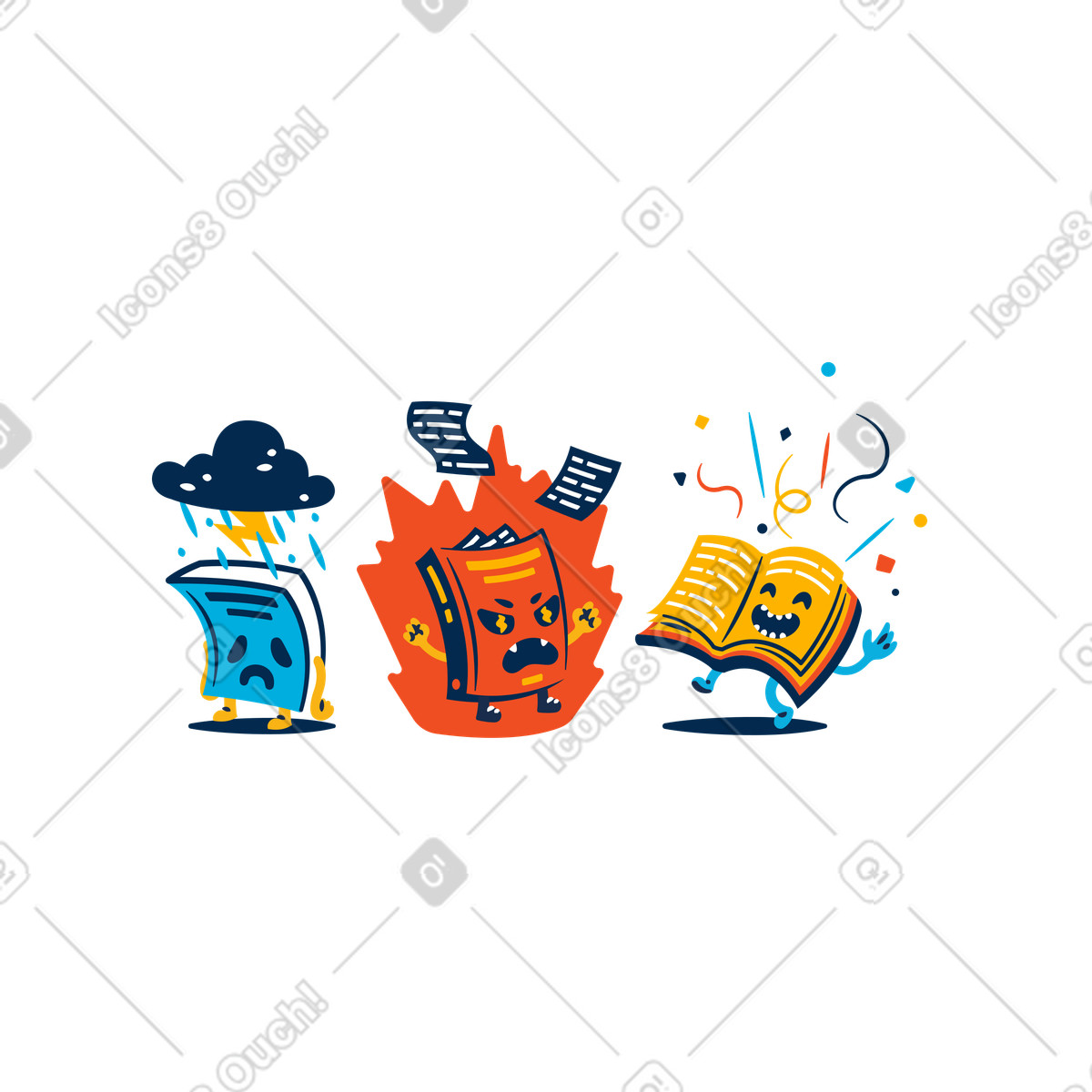 Book characters with different emotions illustration in Flame style download in PNG, SVG