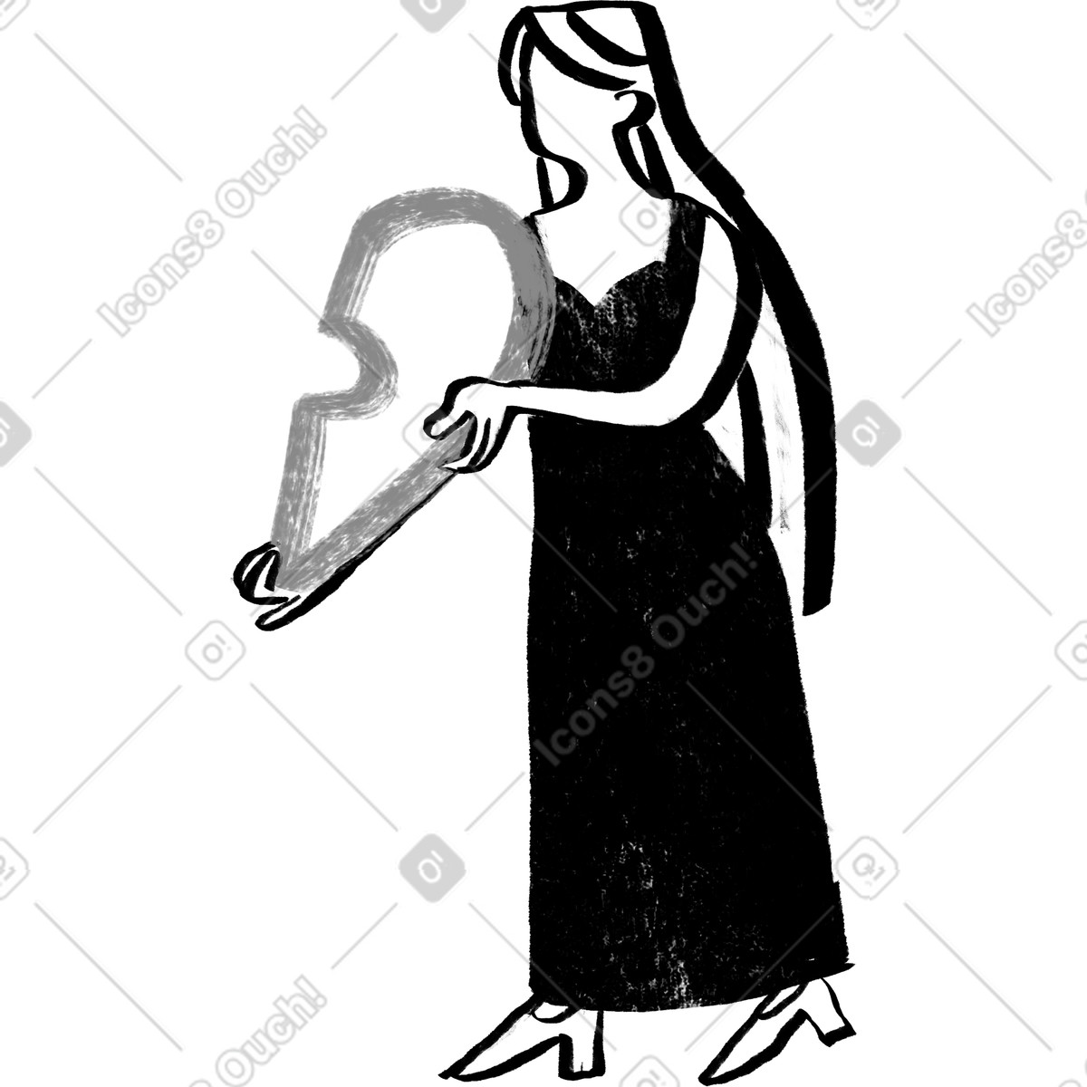 Illustration Noir et avec une femme vêtue d'une robe la moitié d'un cœur dans le style Company à télécharger aux formats PNG, SVG