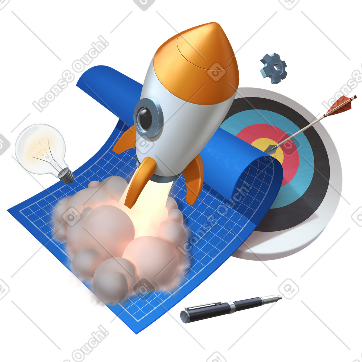 Ilustração de Startup rocket, blueprint and target, Product launch business innovation em no estilo Props para baixar em PNG, SVG