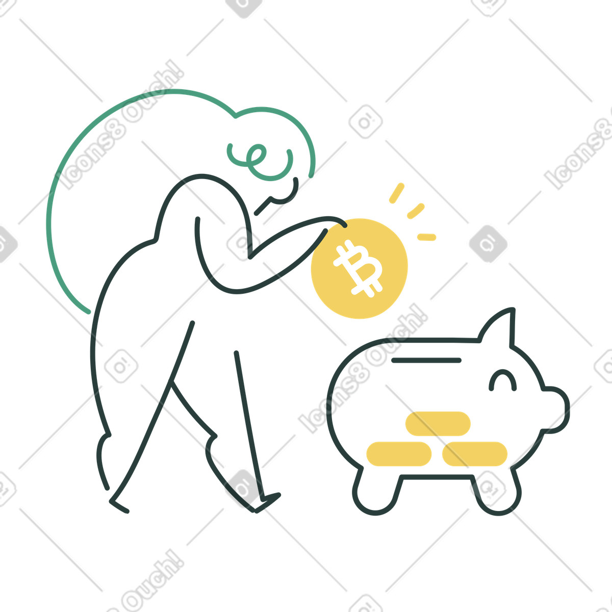 Ilustração de Mulher colocando bitcoins no cofrinho em estilo Macaroni para baixar em PNG, SVG