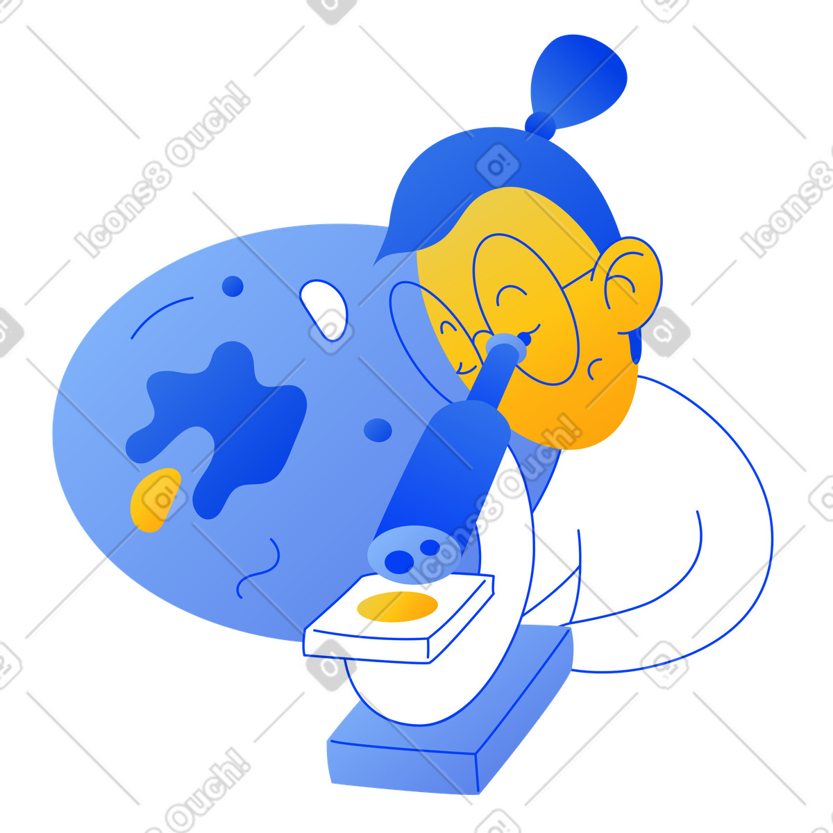 Illustration Microbiologiste étudiant un organisme au microscope dans le style Buddy à télécharger aux formats PNG, SVG