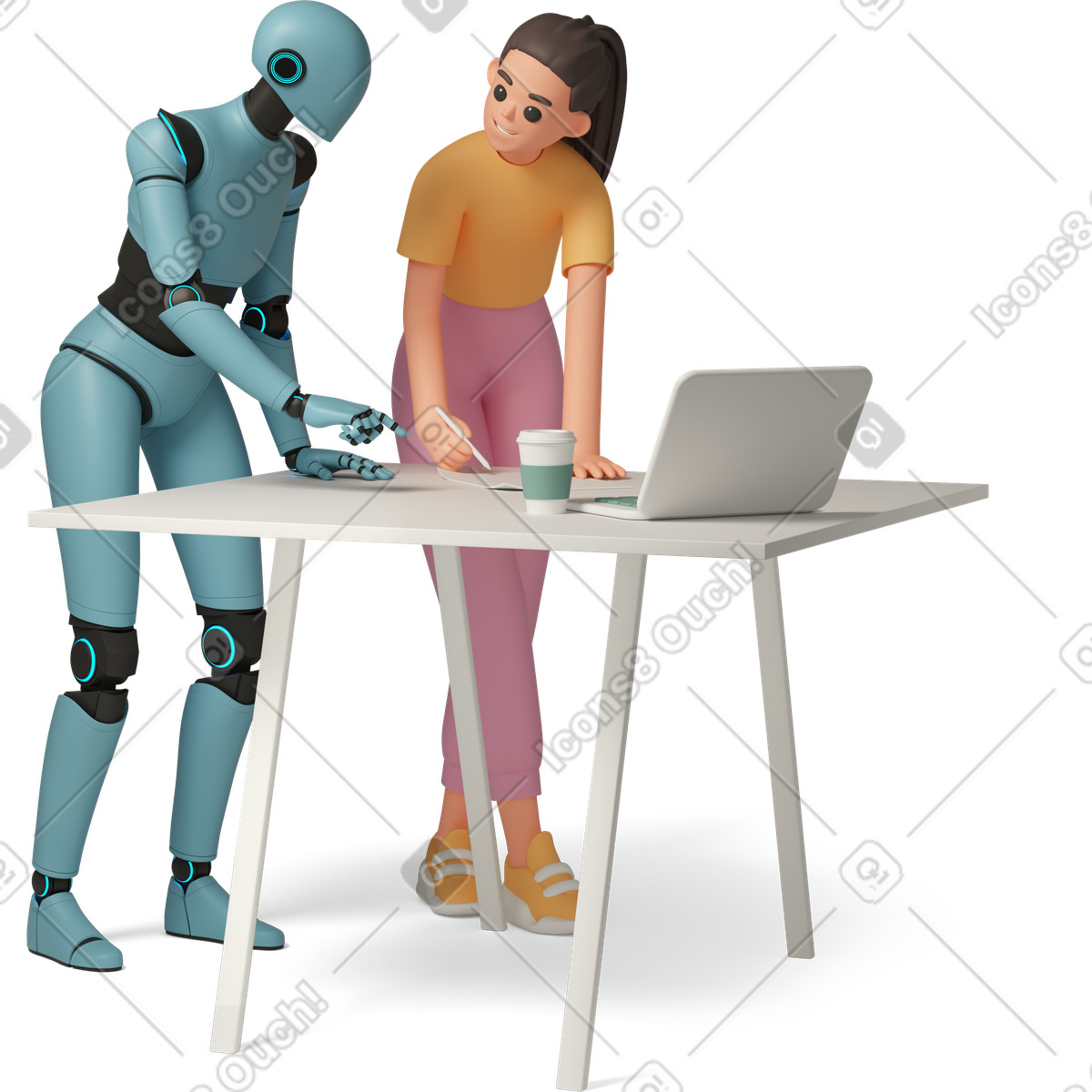 3D Casual life 스타일의 Professional with AI assistant discussing team project at table 일러스트레이션 PNG, SVG 다운로드