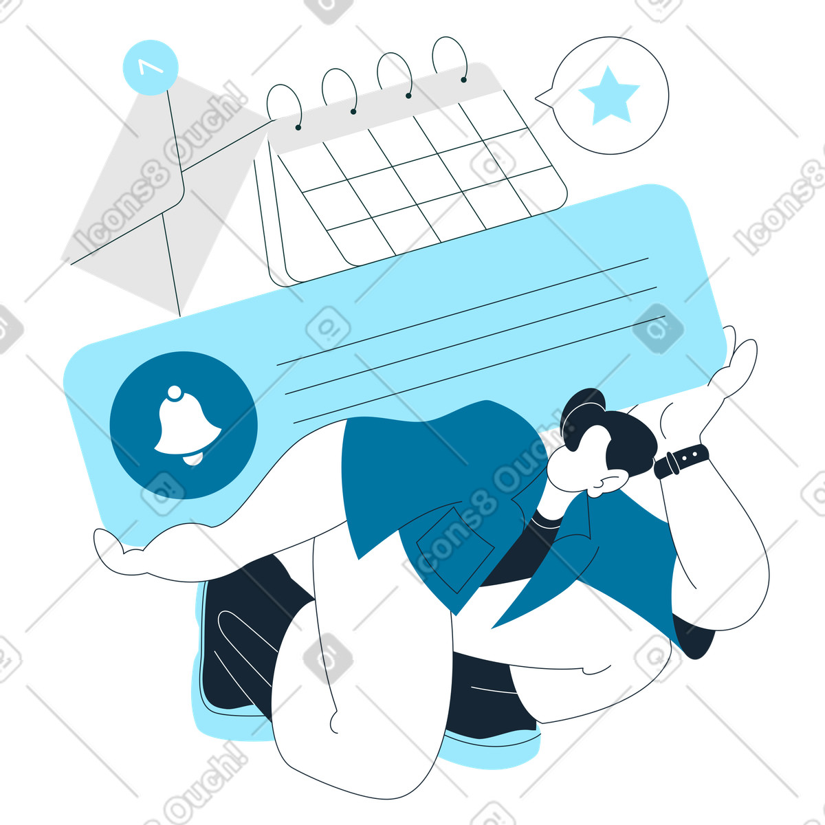 Ilustración Employee holding reminder card, envelope and planner, Task management scheduling en estilo Indigo a descargar en PNG y SVG